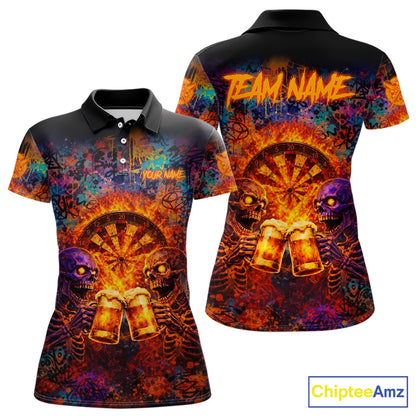 Funny Skeleton Cheer Beer Flame Women Darts Polo Shirt Custom Graffiti Dart Team Jerseys NYN2513