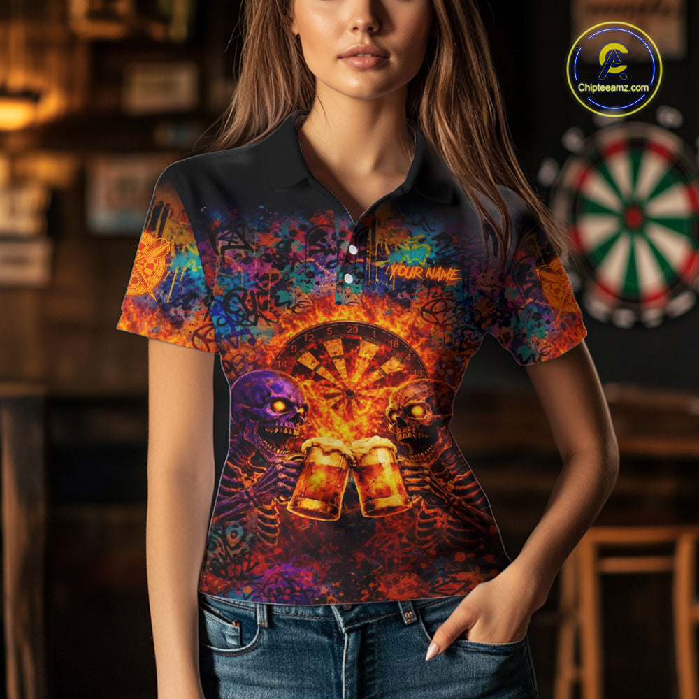 Funny Skeleton Cheer Beer Flame Women Darts Polo Shirt Custom Graffiti Dart Team Jerseys NYN2513