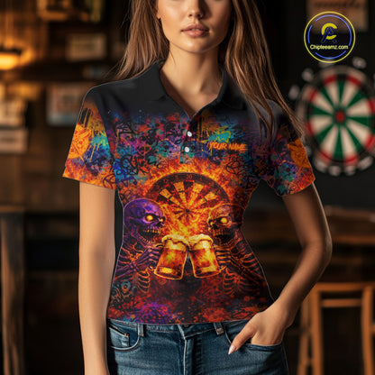 Funny Skeleton Cheer Beer Flame Women Darts Polo Shirt Custom Graffiti Dart Team Jerseys NYN2513