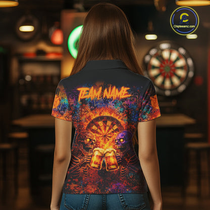 Funny Skeleton Cheer Beer Flame Women Darts Polo Shirt Custom Graffiti Dart Team Jerseys NYN2513