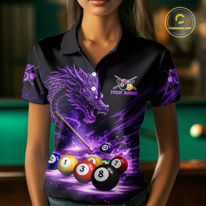 Purple Funny Dragon Thunder Ball Pool Billiard Team Shirt For Women Custom Billiards Ball Attire NYN2700
