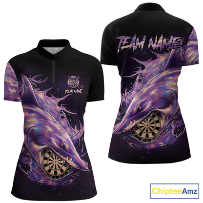 Personalized Pink Holographic Shark Women Darts 1/4-Zip League Shirts Funny Grunge Dart Jerseys NYN2707