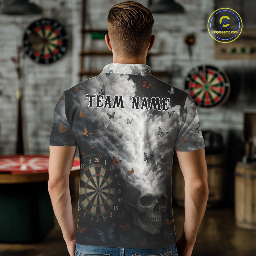 Custom White Smokes Skull Dartboard Men Dart Polo Shirt Butterfly Dart Jerseys NYN2708