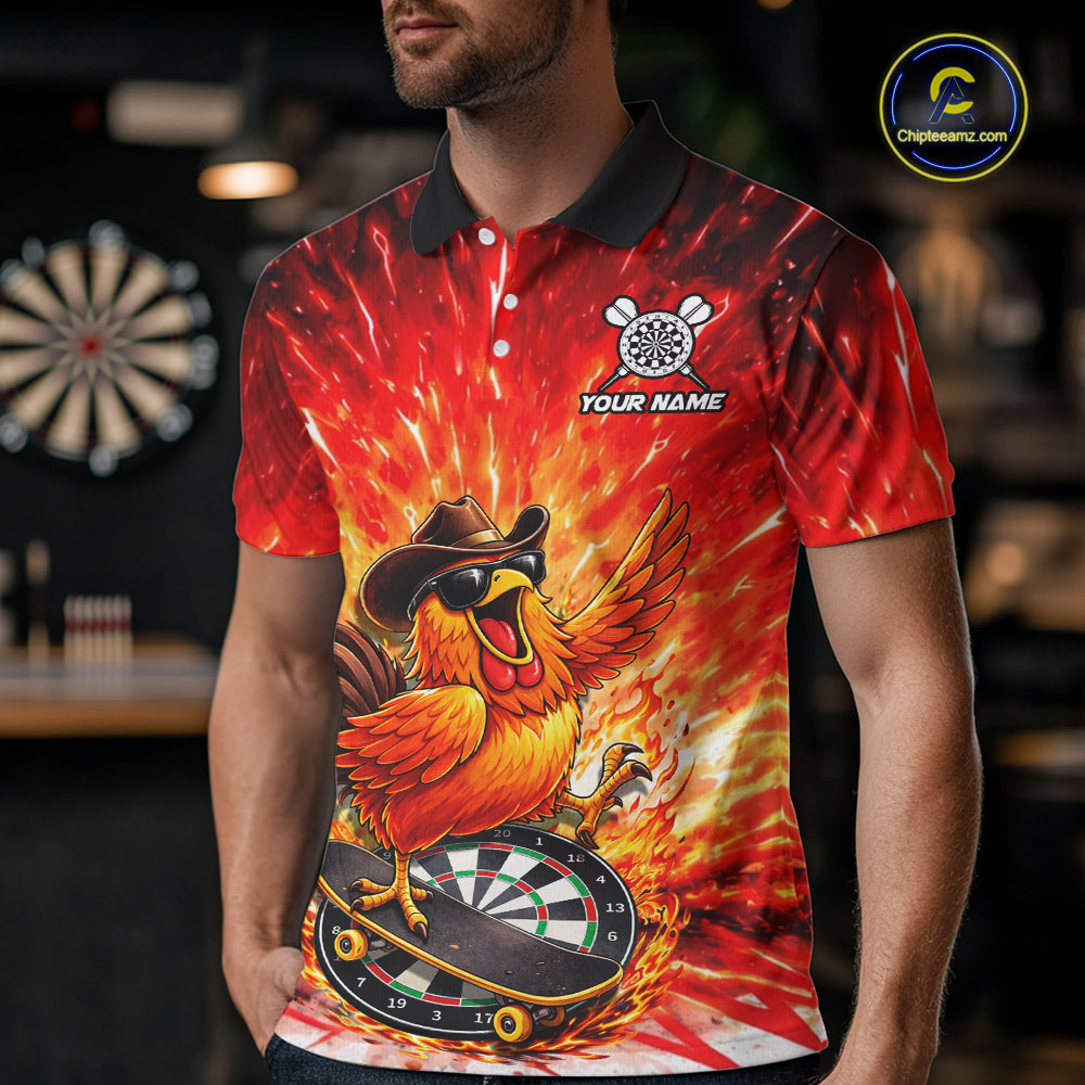 Mens Darts Funny Rooster Red Flames Polo Shirt Custom Name Polo Quarter Zip Shirt Gift For Darters NYN2857