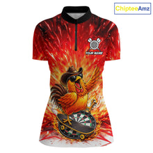 Load image into Gallery viewer, Womens Darts Funny Rooster Red Flames Polo Shirt Custom Name Polo Quarter Zip Shirt Gift For Darters NYN2857