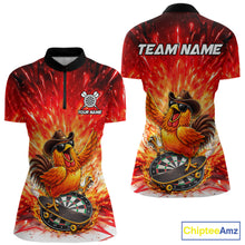 Load image into Gallery viewer, Womens Darts Funny Rooster Red Flames Polo Shirt Custom Name Polo Quarter Zip Shirt Gift For Darters NYN2857