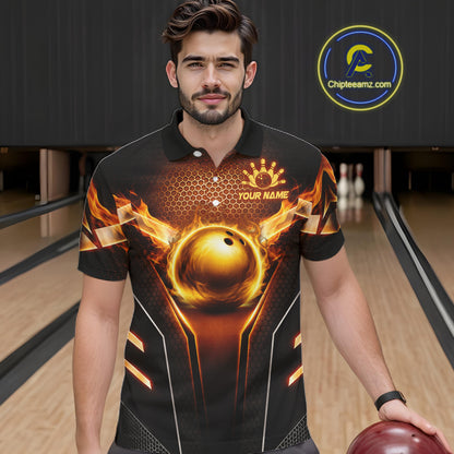 Custom Fire Flame Bowling Jerseys For Men, Personalized Bowling Pin & Ball Team Shirts | Yellow NYN3069