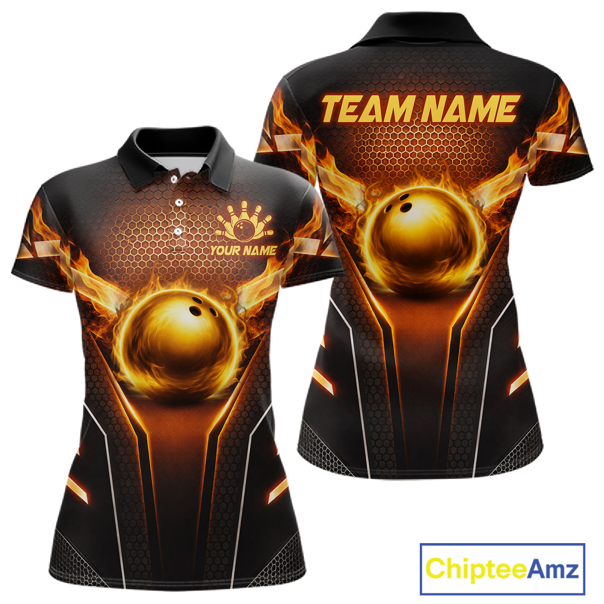 Custom Fire Flame Bowling Jerseys For Women, Personalized Bowling Pin & Ball Team Shirts | Yellow NYN3069