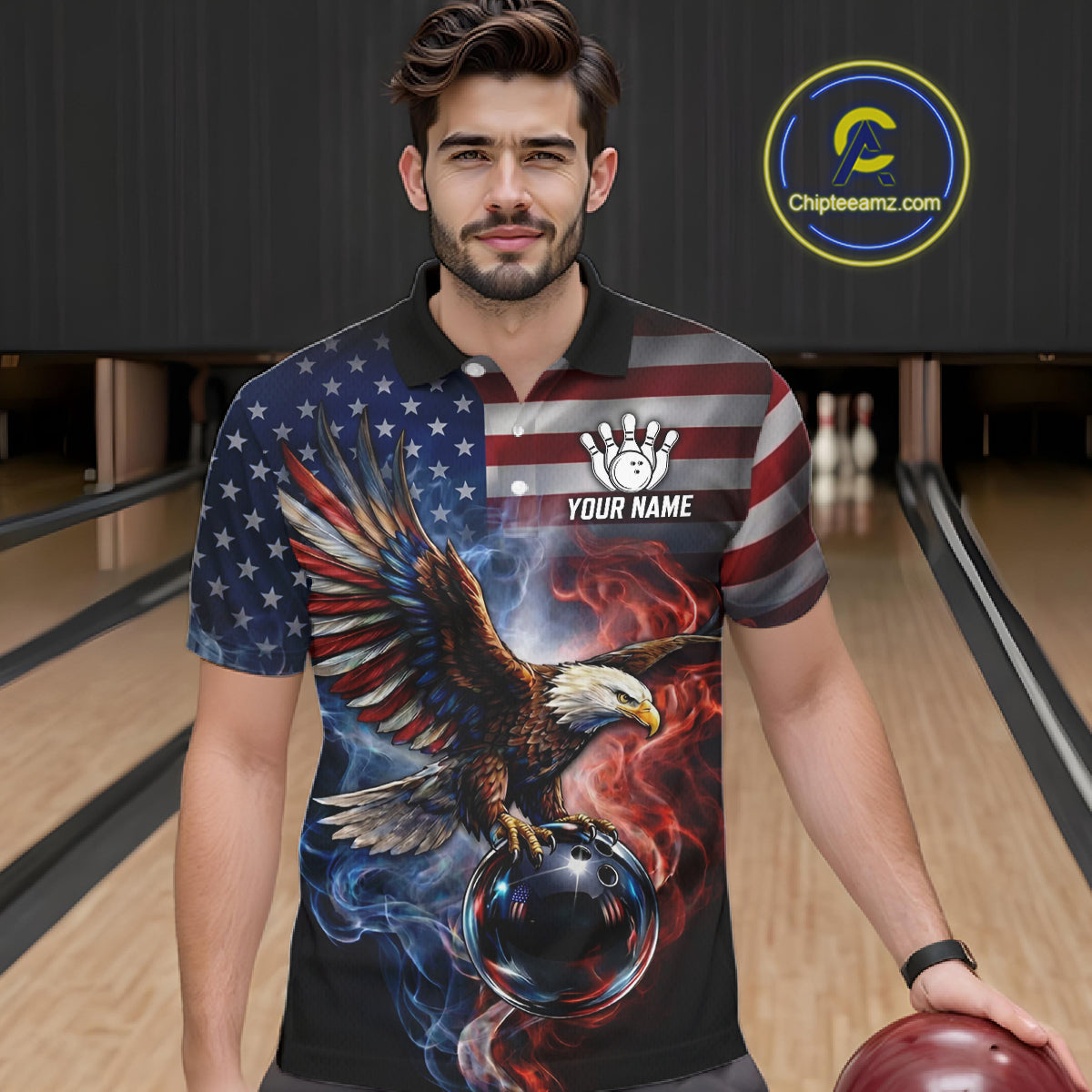 Personalized Fire Flame USA Flag Eagle Bowling Team Shirts For Men Outfits Patriotic Bowling Gifts NYN3073