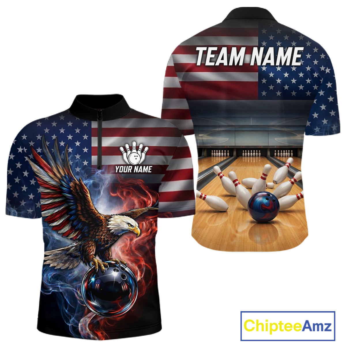 Personalized Fire Flame USA Flag Eagle Bowling Team Shirts For Men Outfits Patriotic Bowling Gifts NYN3073