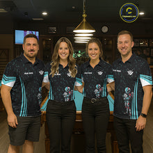 Load image into Gallery viewer, Men women billiard team wearing Funny Alien 8 Ball turquoise galaxy custom pool uniforms, professional 8 ball team jerseys