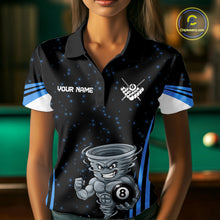 Load image into Gallery viewer, Female pool player wearing Funny Muscle Tornado 8 Ball blue billiard jersey during league competition and cue sports event