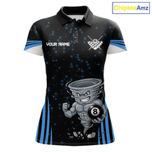 Load image into Gallery viewer, Funny Muscle Tornado 8 Ball women's billiard polo shirt custom blue pool jersey, personalized billiards team apparel, custom 8 ball uniform