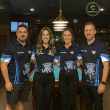 Load image into Gallery viewer, Men women billiard team wearing Funny Muscle Tornado 8 Ball custom blue pool uniforms, professional billiards team jerseys