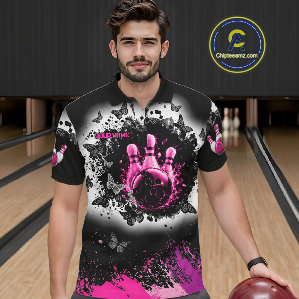 Black, White & Pink Splatter Bowling Shirt For Men Custom Butterfly Team Bowling Jersey NYN4127