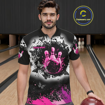 Black, White & Pink Splatter Bowling Shirt For Men Custom Butterfly Team Bowling Jersey NYN4127
