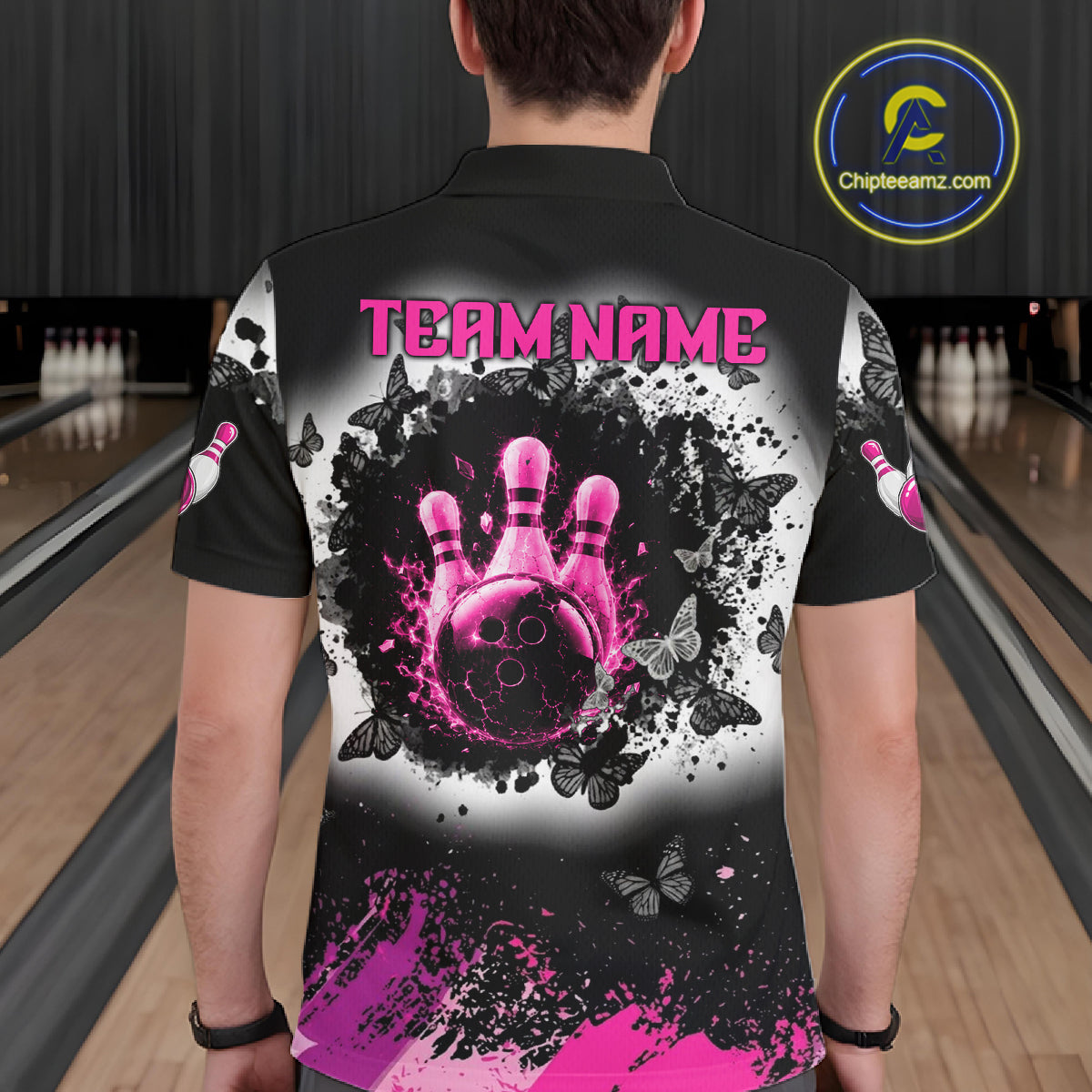 Black, White & Pink Splatter Bowling Shirt For Men Custom Butterfly Team Bowling Jersey NYN4127