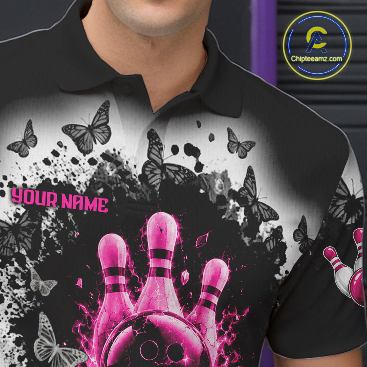 Black, White & Pink Splatter Bowling Shirt For Men Custom Butterfly Team Bowling Jersey NYN4127