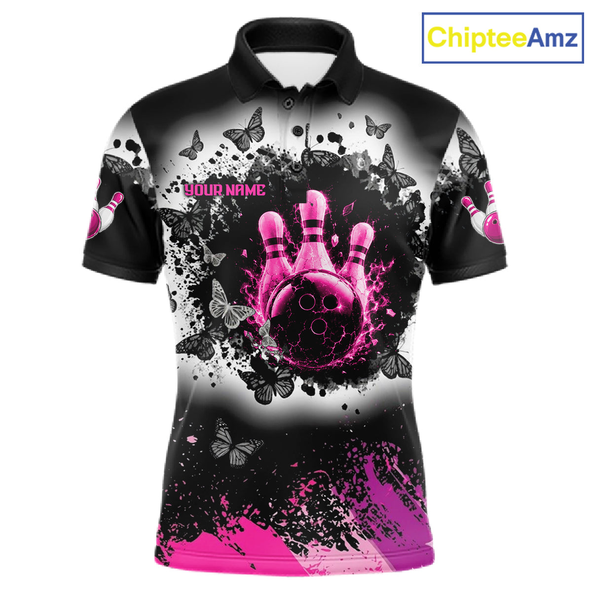 Black, White & Pink Splatter Bowling Shirt For Men Custom Butterfly Team Bowling Jersey NYN4127