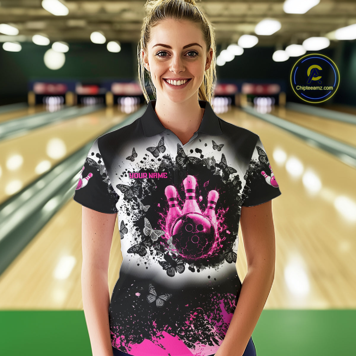 Black, White & Pink Splatter Bowling Shirt For Women Custom Butterfly Team Bowling Jersey NYN4127
