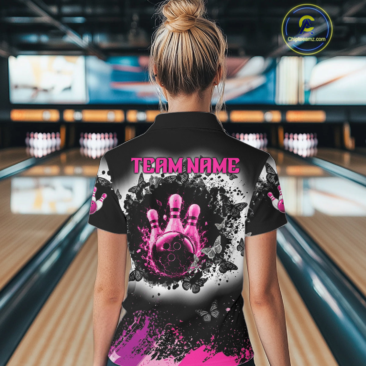 Black, White & Pink Splatter Bowling Shirt For Women Custom Butterfly Team Bowling Jersey NYN4127