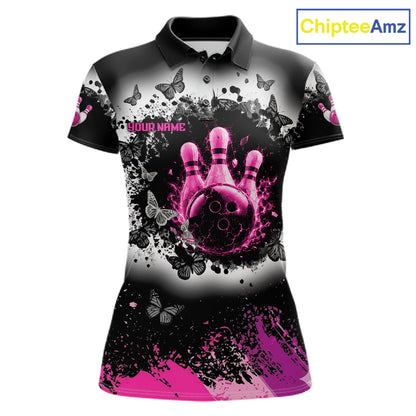 Black, White & Pink Splatter Bowling Shirt For Women Custom Butterfly Team Bowling Jersey NYN4127