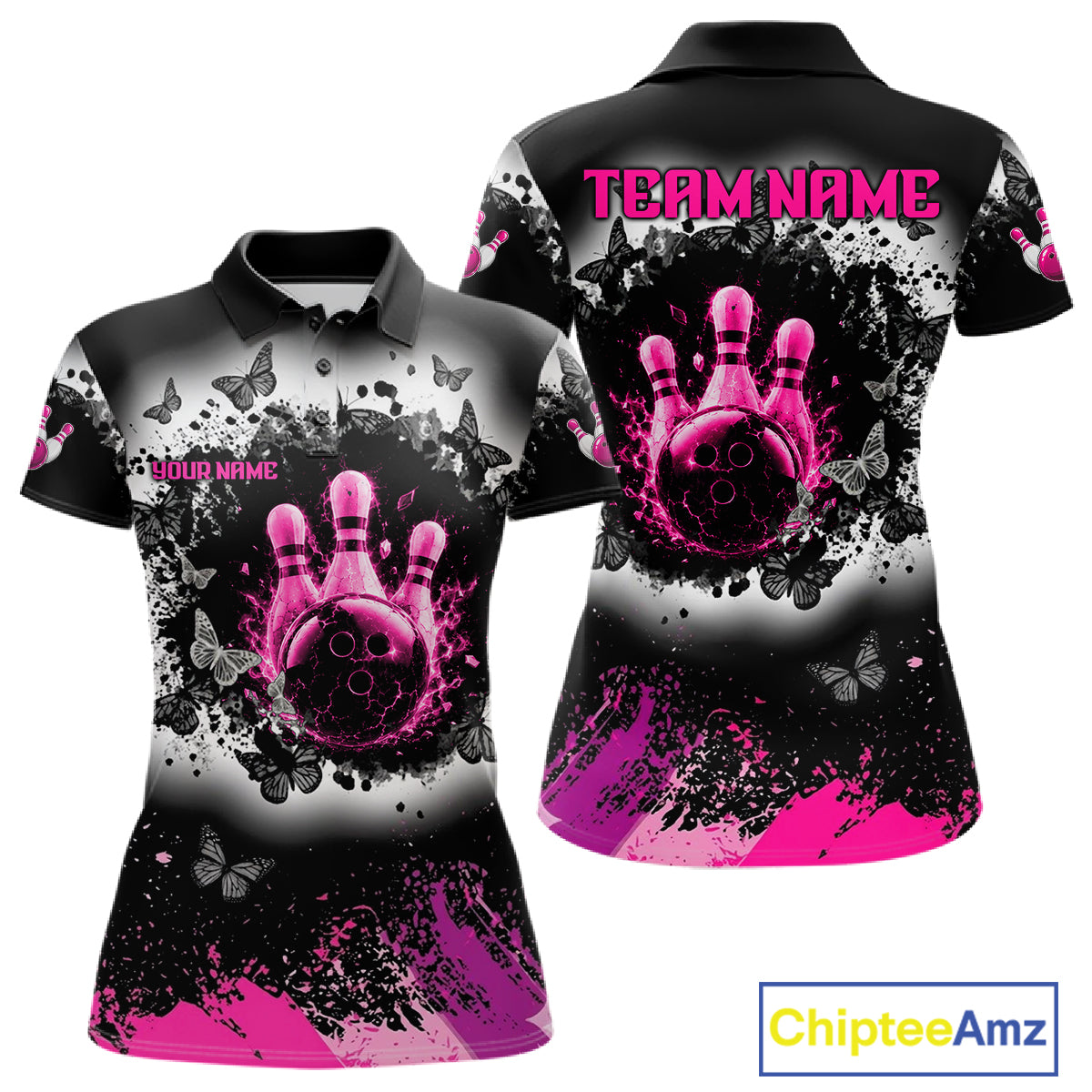 Black, White & Pink Splatter Bowling Shirt For Women Custom Butterfly Team Bowling Jersey NYN4127