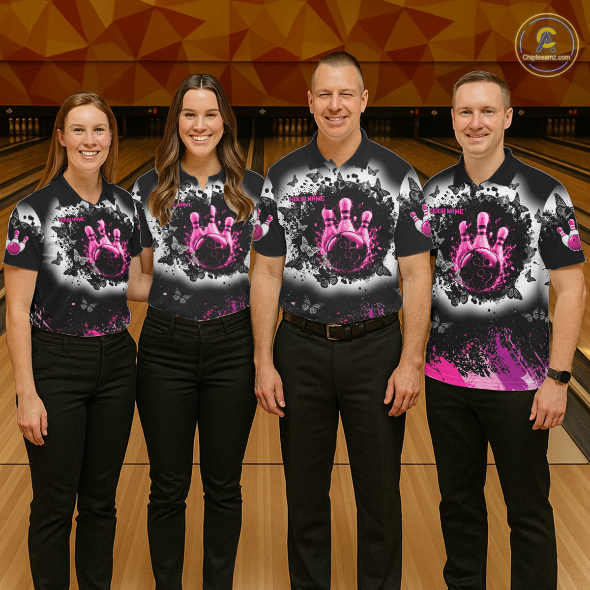 Black, White & Pink Splatter Bowling Shirt For Men Custom Butterfly Team Bowling Jersey NYN4127