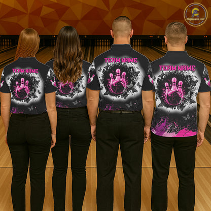 Black, White & Pink Splatter Bowling Shirt For Men Custom Butterfly Team Bowling Jersey NYN4127