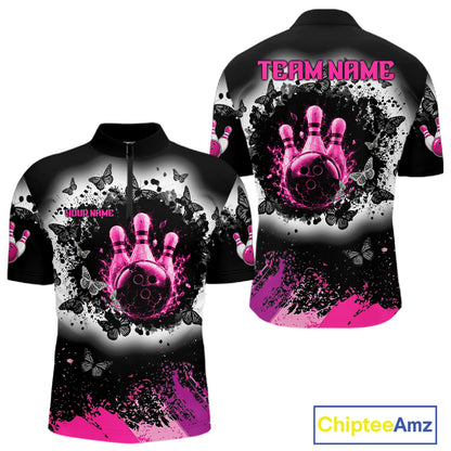 Black, White & Pink Splatter Bowling Shirt For Men Custom Butterfly Team Bowling Jersey NYN4127