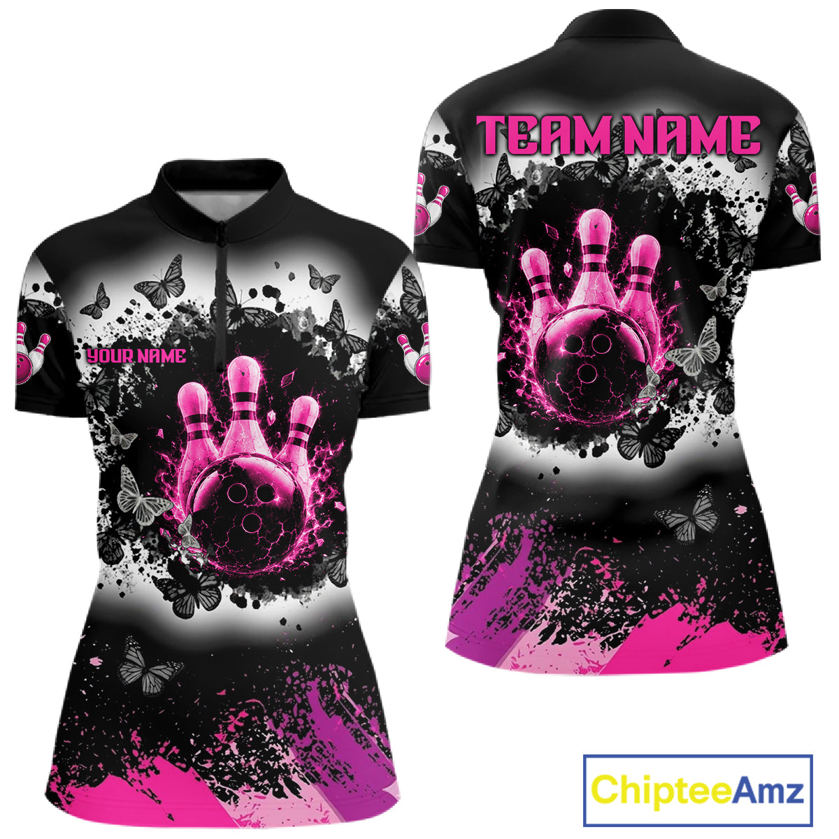 Black, White & Pink Splatter Bowling Shirt For Women Custom Butterfly Team Bowling Jersey NYN4127