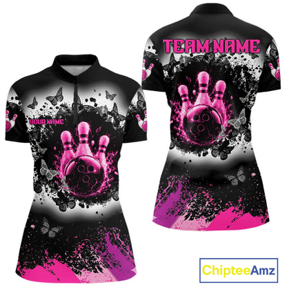 Black, White & Pink Splatter Bowling Shirt For Women Custom Butterfly Team Bowling Jersey NYN4127