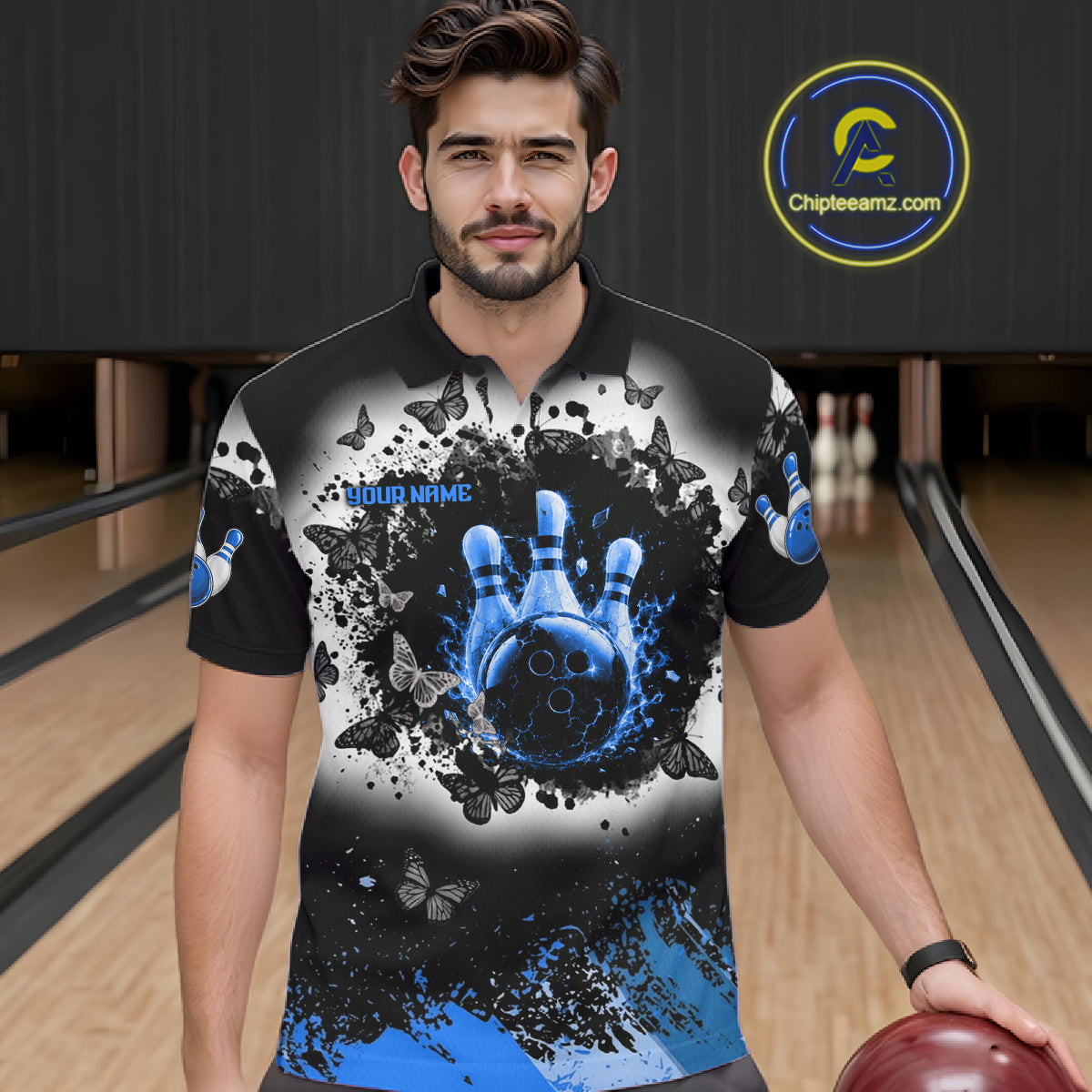 Black, White & Blue Splatter Bowling Shirt For Men Custom Butterfly Team Bowling Jersey NYN4128