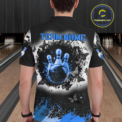 Black, White & Blue Splatter Bowling Shirt For Men Custom Butterfly Team Bowling Jersey NYN4128