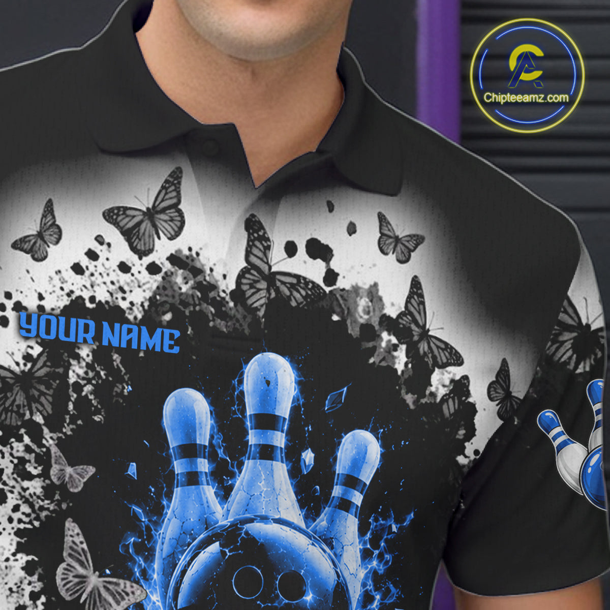 Black, White & Blue Splatter Bowling Shirt For Men Custom Butterfly Team Bowling Jersey NYN4128