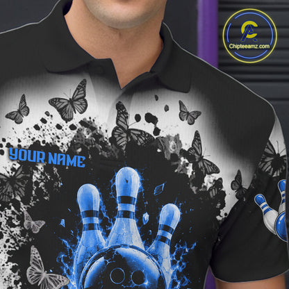 Black, White & Blue Splatter Bowling Shirt For Men Custom Butterfly Team Bowling Jersey NYN4128