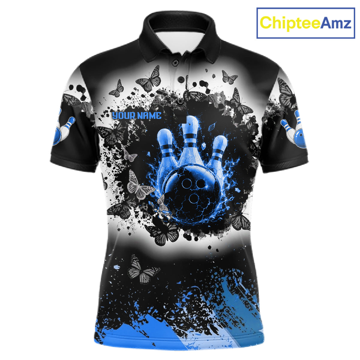 Black, White & Blue Splatter Bowling Shirt For Men Custom Butterfly Team Bowling Jersey NYN4128