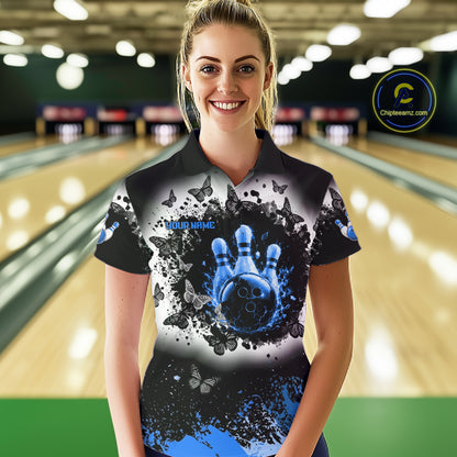 Black, White & Blue Splatter Bowling Shirt For Women Custom Butterfly Team Bowling Jersey NYN4128
