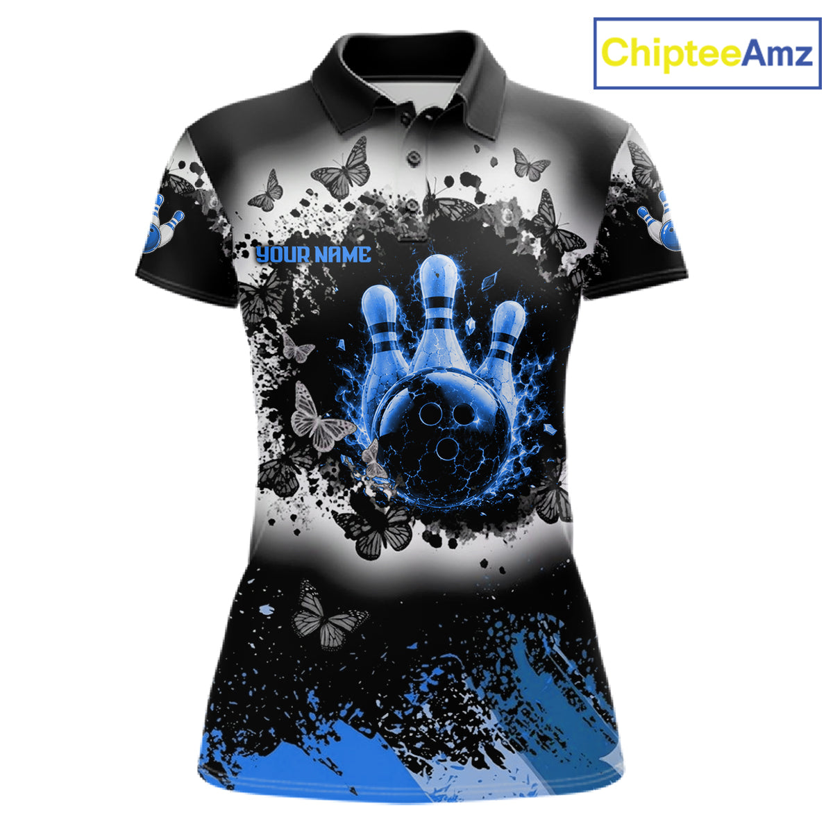 Black, White & Blue Splatter Bowling Shirt For Women Custom Butterfly Team Bowling Jersey NYN4128
