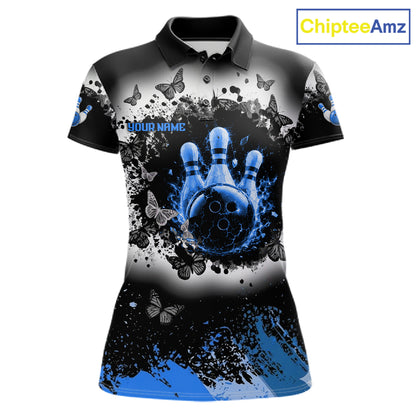 Black, White & Blue Splatter Bowling Shirt For Women Custom Butterfly Team Bowling Jersey NYN4128