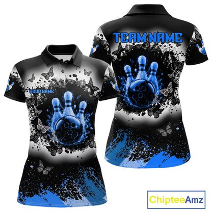 Black, White & Blue Splatter Bowling Shirt For Women Custom Butterfly Team Bowling Jersey NYN4128