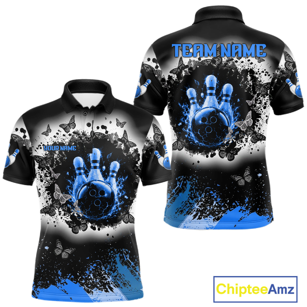 Black, White & Blue Splatter Bowling Shirt For Men Custom Butterfly Team Bowling Jersey NYN4128