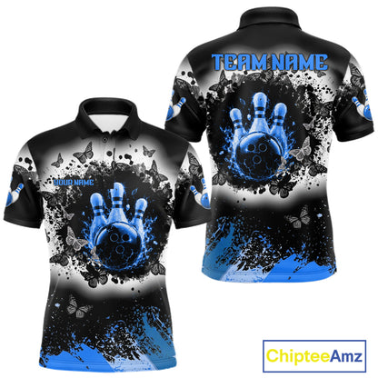 Black, White & Blue Splatter Bowling Shirt For Men Custom Butterfly Team Bowling Jersey NYN4128