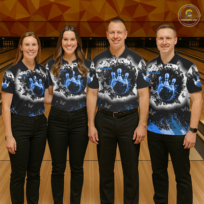 Black, White & Blue Splatter Bowling Shirt For Men Custom Butterfly Team Bowling Jersey NYN4128