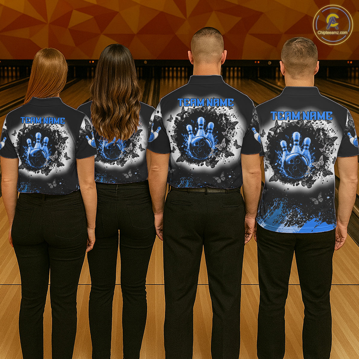 Black, White & Blue Splatter Bowling Shirt For Men Custom Butterfly Team Bowling Jersey NYN4128