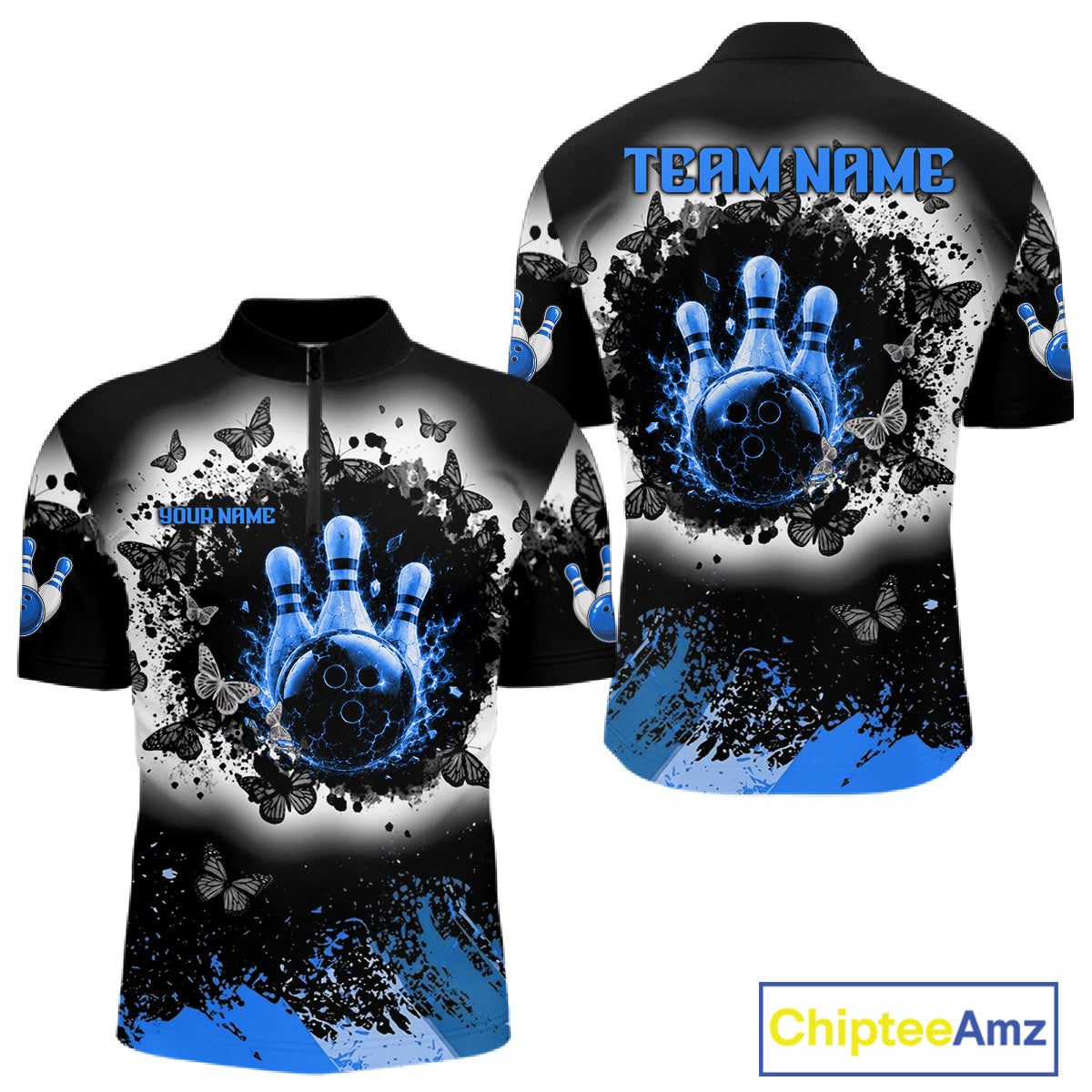 Black, White & Blue Splatter Bowling Shirt For Men Custom Butterfly Team Bowling Jersey NYN4128