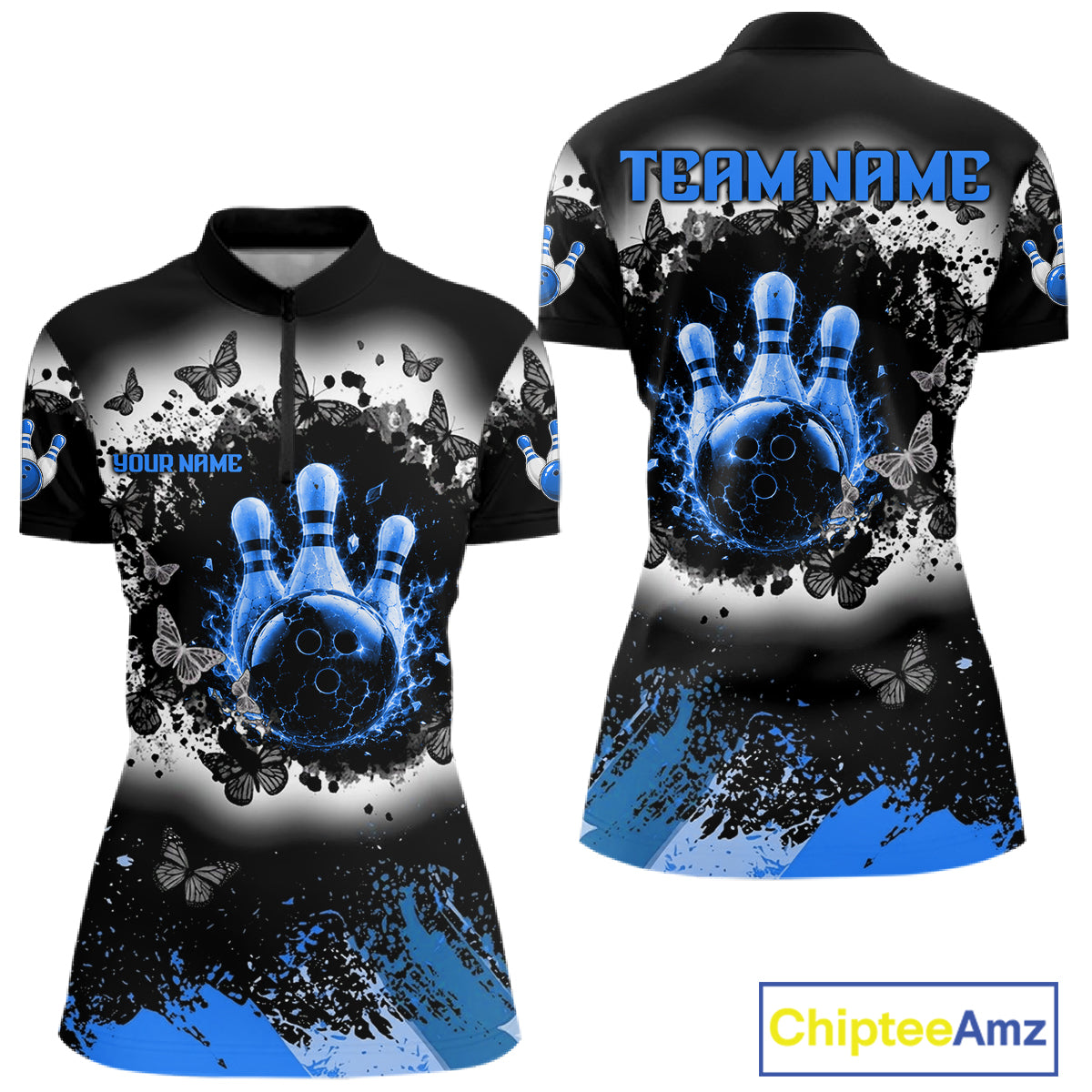 Black, White & Blue Splatter Bowling Shirt For Women Custom Butterfly Team Bowling Jersey NYN4128