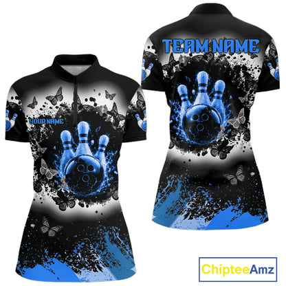 Black, White & Blue Splatter Bowling Shirt For Women Custom Butterfly Team Bowling Jersey NYN4128