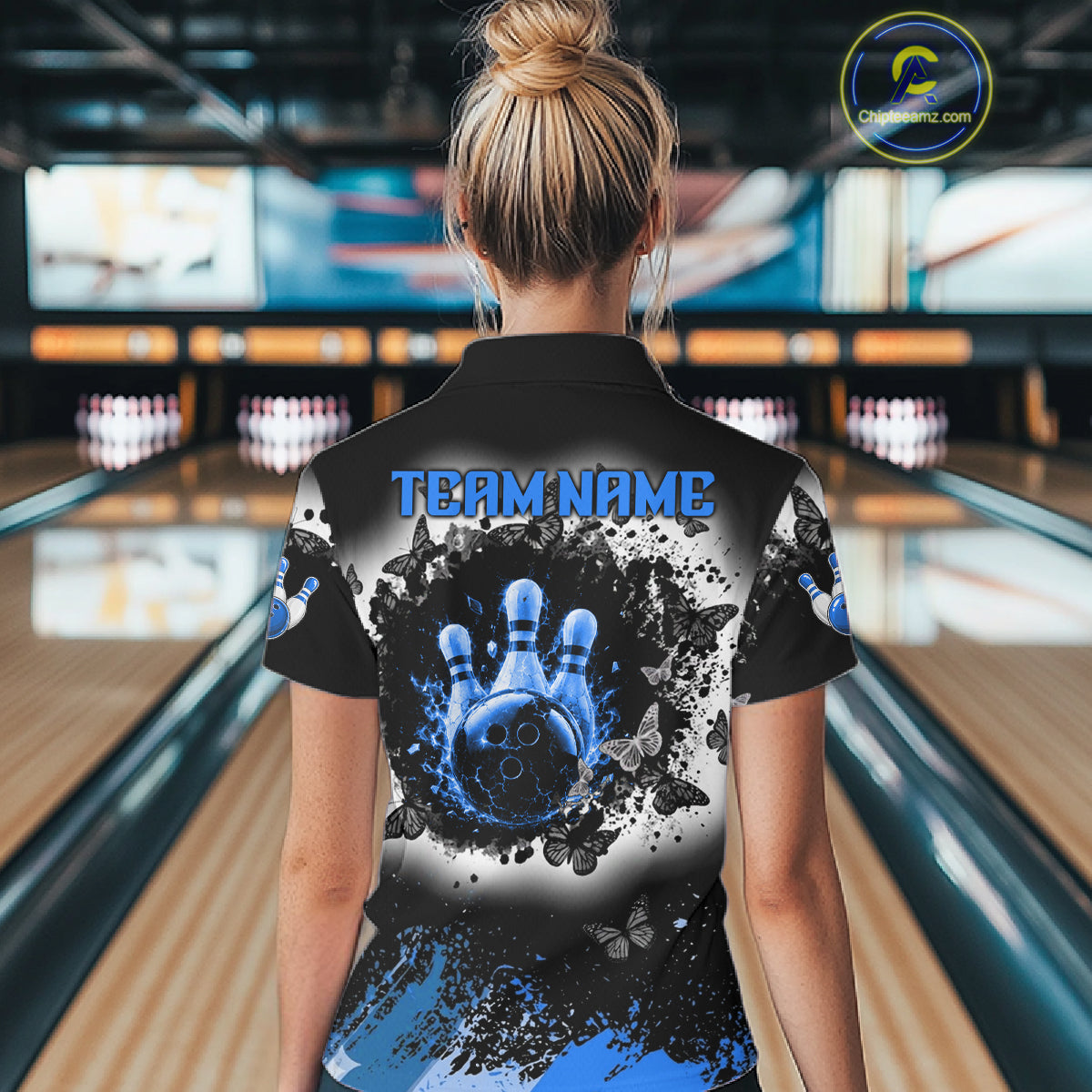 Black, White & Blue Splatter Bowling Shirt For Women Custom Butterfly Team Bowling Jersey NYN4128