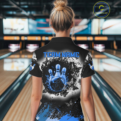 Black, White & Blue Splatter Bowling Shirt For Women Custom Butterfly Team Bowling Jersey NYN4128